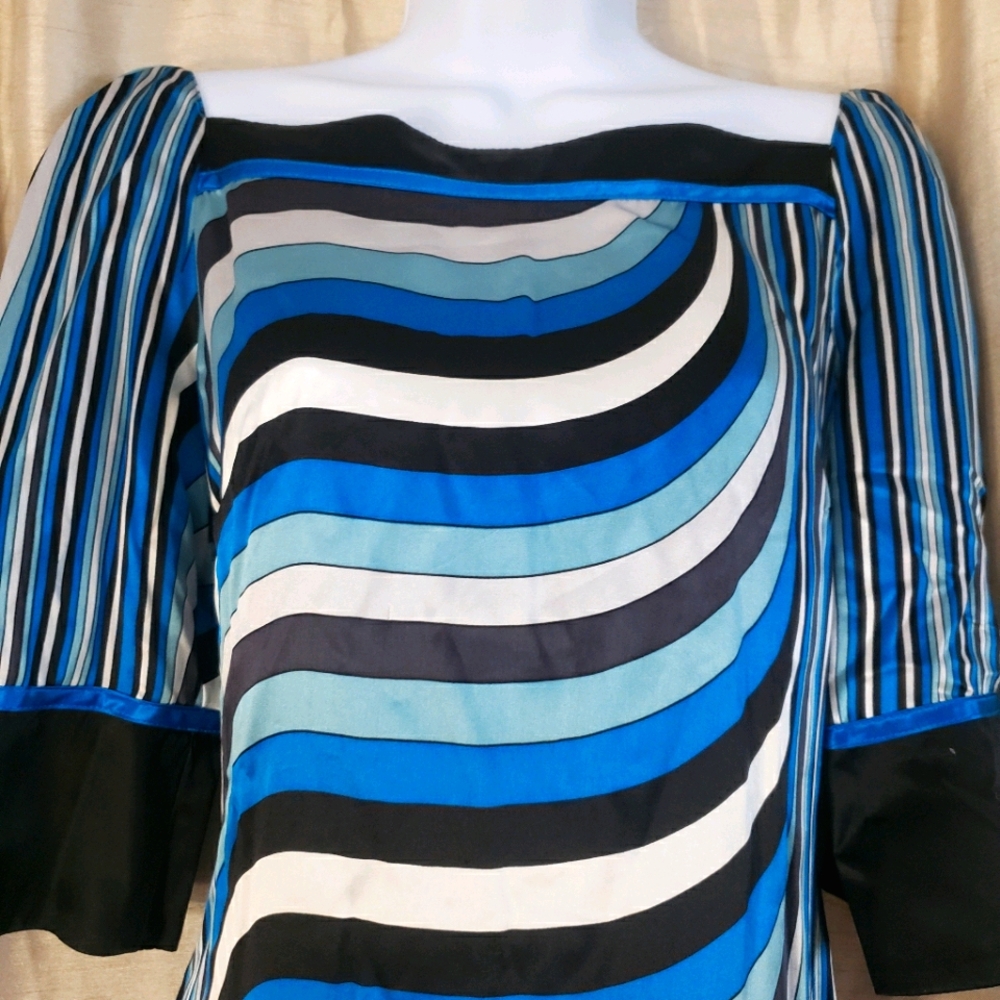 NWT Bebe blue white black gray striped long sleeve silk shift dress Womes Small - Picture 4 of 7
